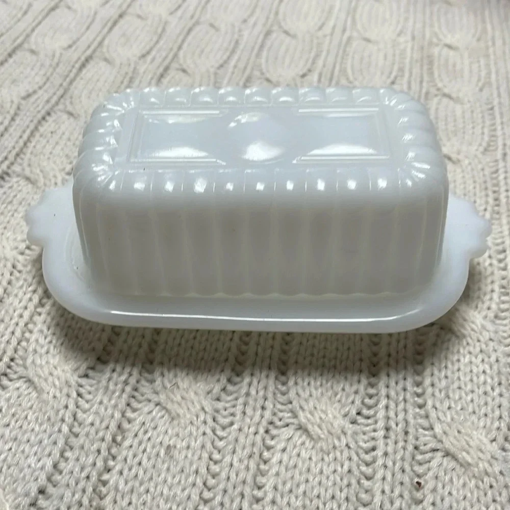 Vtg Hazel Atlas half stick butterdish w/ lid White Milk glass Ribbed MCM 1950s